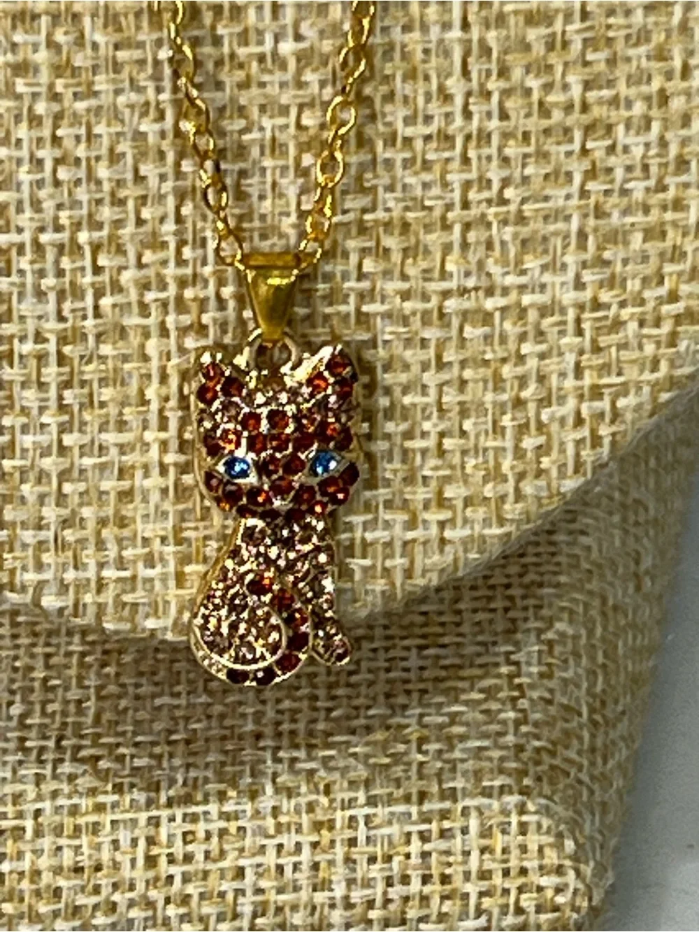 Gold Crystal Cat Pendant Necklace - Brown & Blue Accents
